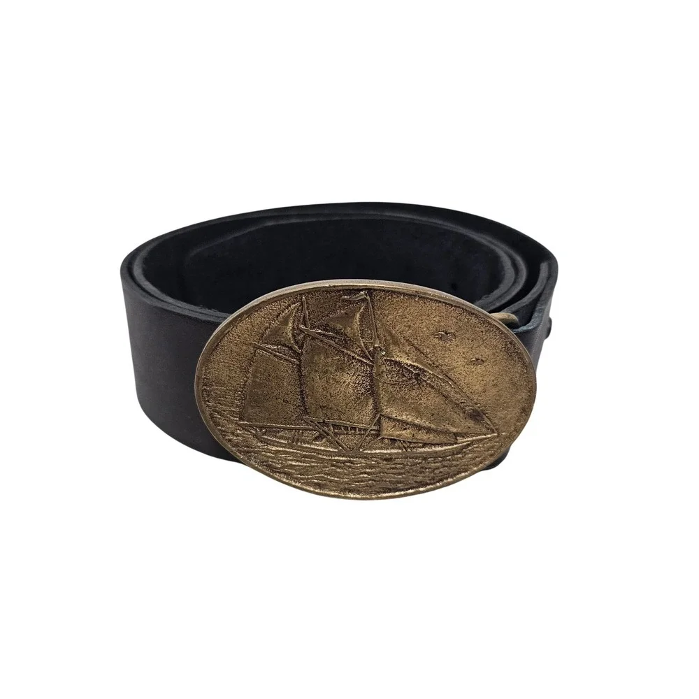 Vintage Brass Schooner Ship Buckle Belt Mens 34 Black Leather Nautical USA Made